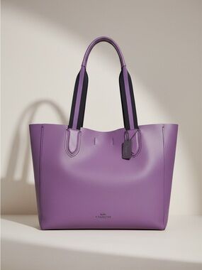 Coach Large Tote Purple Pebbled Leather Carryall 14x13 Striped Strap NWOT